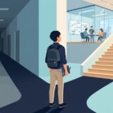 分かれ道で、会議室へ続く明るい階段を見上げるエンジニアのイラスト