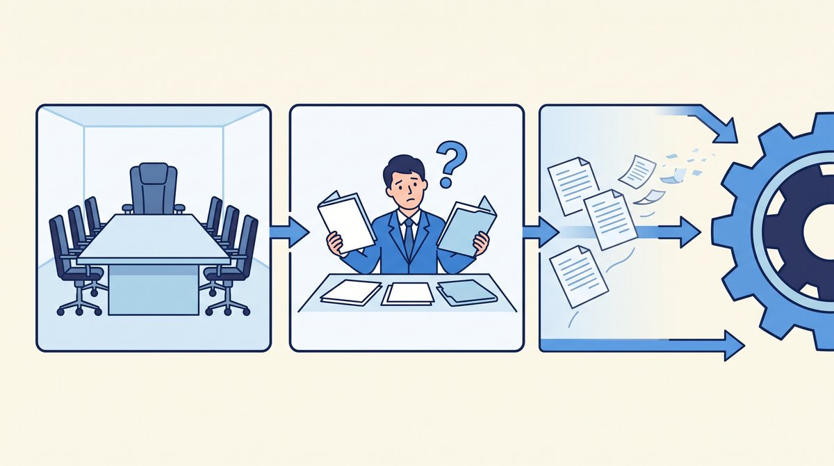 決定が詰まる3つの原因（決める人がいない・決める材料がない・決めたことが残らない）が、止まった歯車につながる図解