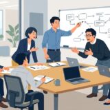 業務部門とシステム部門のメンバーがホワイトボードの前で身振りを交えて活発に議論している様子