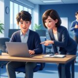 オフィスでPMOが開発エンジニアの画面を指さしながら声をかけ、エンジニアがほっとした表情を見せている様子